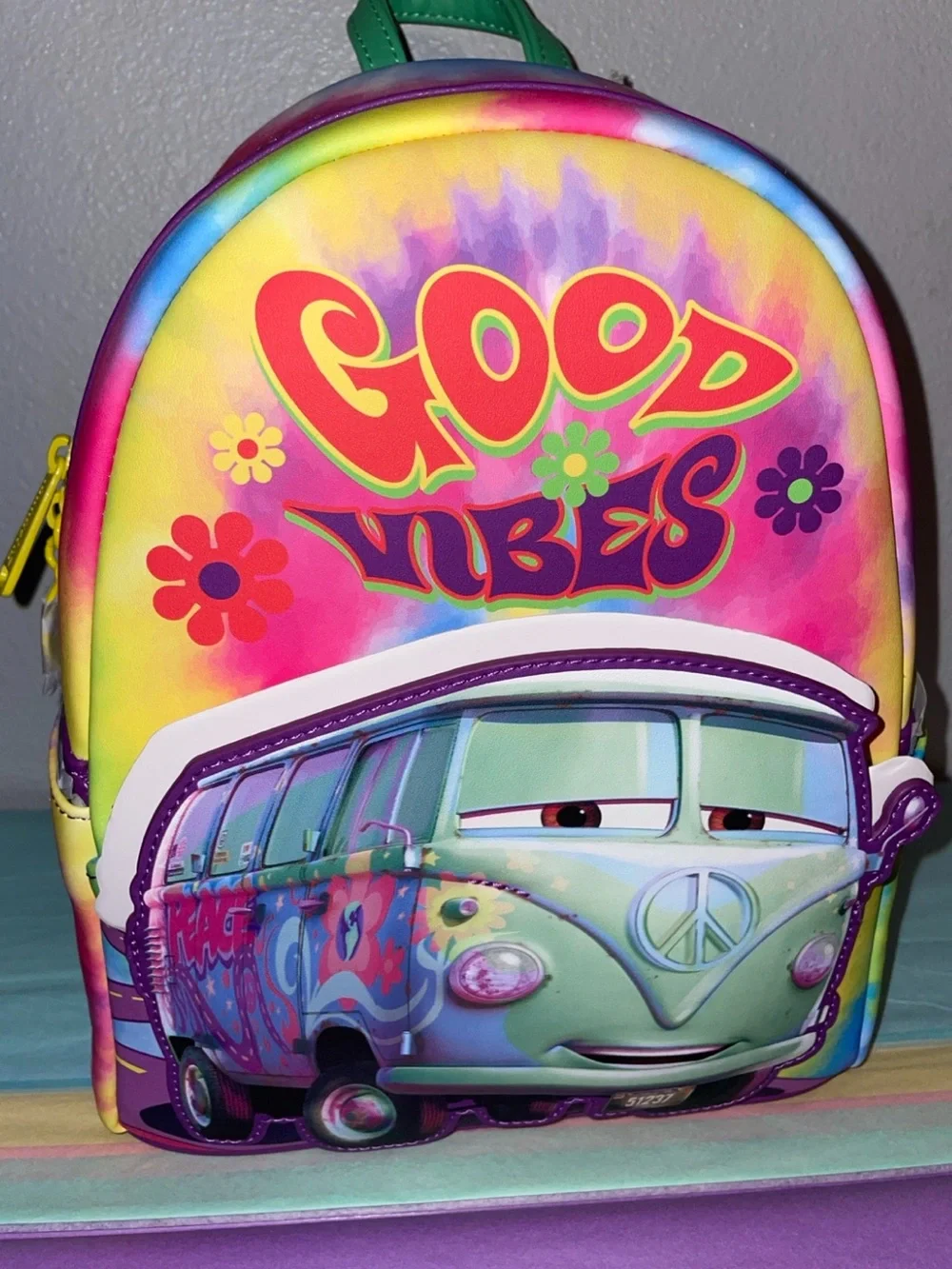 Loungefly Disney Pixar Cars Fillmore Good Vibes Groovy Tie Dye Mini Backpack